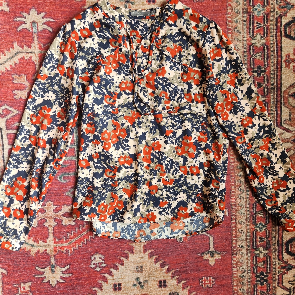 Prana Floral Long Sleeve Blouse - Orange and Blue